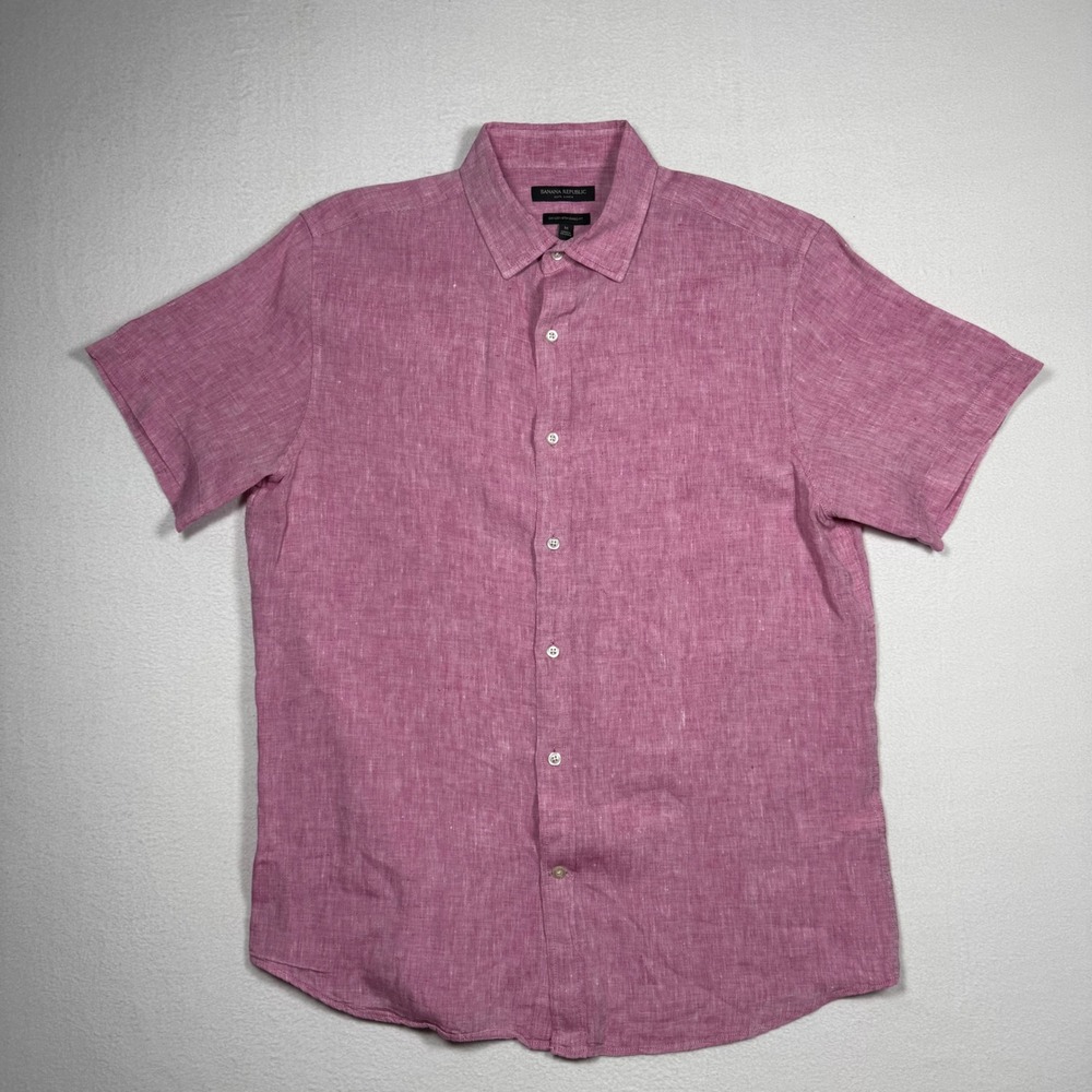 Banana Republic Mens 100% Linen Short Sleeve Shirt Camden Standard Fit Pink M